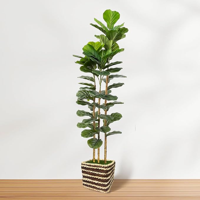 Artificial Fiddle Leaf Fig Tree Indoor with Woven Basket - 5ft Tall Fake Tree with Real-Wood Trunk,Faux Plants for Living Rooms, Offices, Kitchens & Outdoor Spaces (Square Basket)