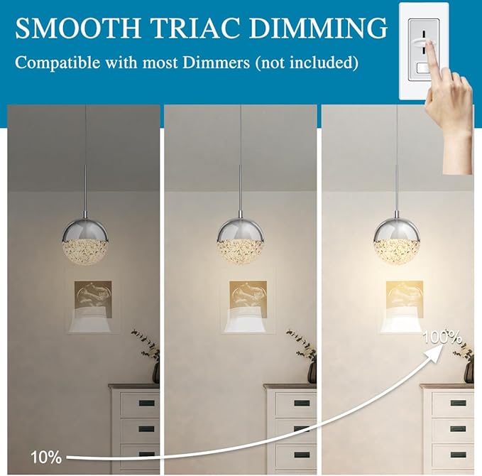 Crystal Pendant Light, Chrome Chandelier for Kitchen Island, Adjustable Modern LED Globe Pendant Light for Dining Room, 8W 3000/4000/5000K CCT Selectable, Dimmable, ETL 1-Pack