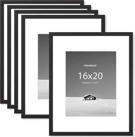 16x20 inch Picture Frame, 16x20 Photo Frames with 11x14 Removable Mat - High Definition Plexiglass - Vertical and Horizontal Display - Wall Hanging Frame - Black, 5 Pack