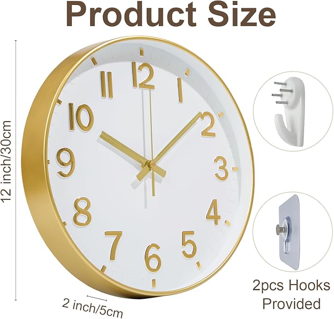 Gold Wall Clocks Battery Operated, 12 Inch Non Ticking Digital Wall Clock, Silent Analog Clock for Bedroom Living Room Kitchen Office Gym Classroom, Large Number Clocks for Seniors Elderly