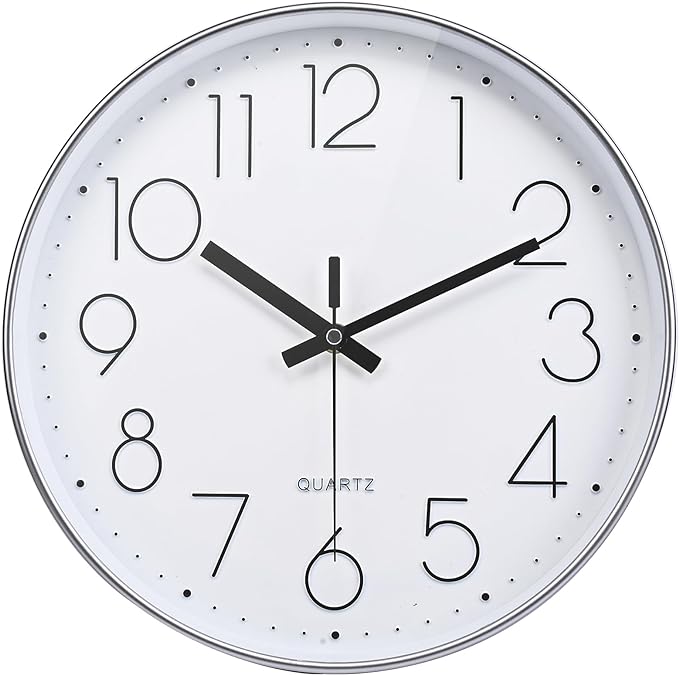 12 Inch Wall Clock Silent Non-Ticking Modern Clocks Battery Operated for Office, School (Silver)