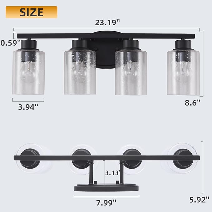 Modern Matte Black Bathroom Vanity Light Fixtures, 4-Light Clear Seeded Glass, Rustproof Wall Mount