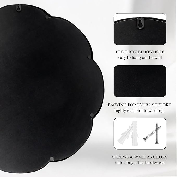 24" Black Mirrors for Wall, Flower Pattern Scalloped Decorative Accent Wall Mounted Mirror, Round Metal Frame Hanging Vanity Mirror Decor for Bathroom, Entryway, Bedroom