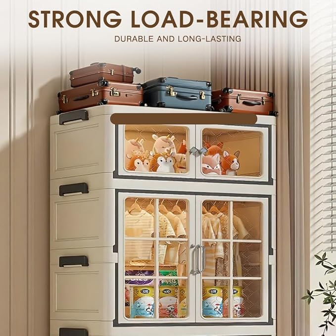 SunSettler Plastic Storage Bins with Lid, Stackable Containers with Wheels, Folding Storage Cabinets, Stackable Closet Organizers (1+2 Transparent Plus)