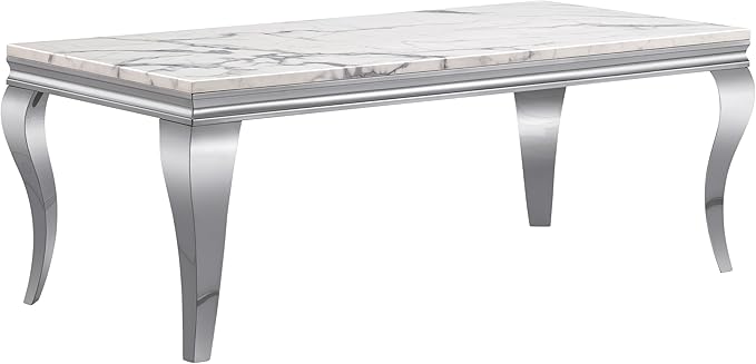 SSLine Rectangular Faux Marble Coffee Table for Living Room Modern Luxury White Marble Center Table with Silver Curved Legs 46.8" Mid-Century Cocktail Table with Mirrored Stainless Steel Frame