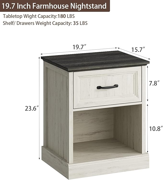 CARPETNAL 20" Farmhouse Nightstand, End Table with Large Drawers & Open Storage, Side Table, Bedside Cabinet for Bedroom, Living Room, White