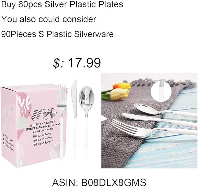 WDF 60pcs Silver Plastic Plates-Baroque White &Silver Plates for Upscale Parties &Wedding-including 30Plastic Dinner Plate 10.25inch, 30 Salad Plate 7.5inch