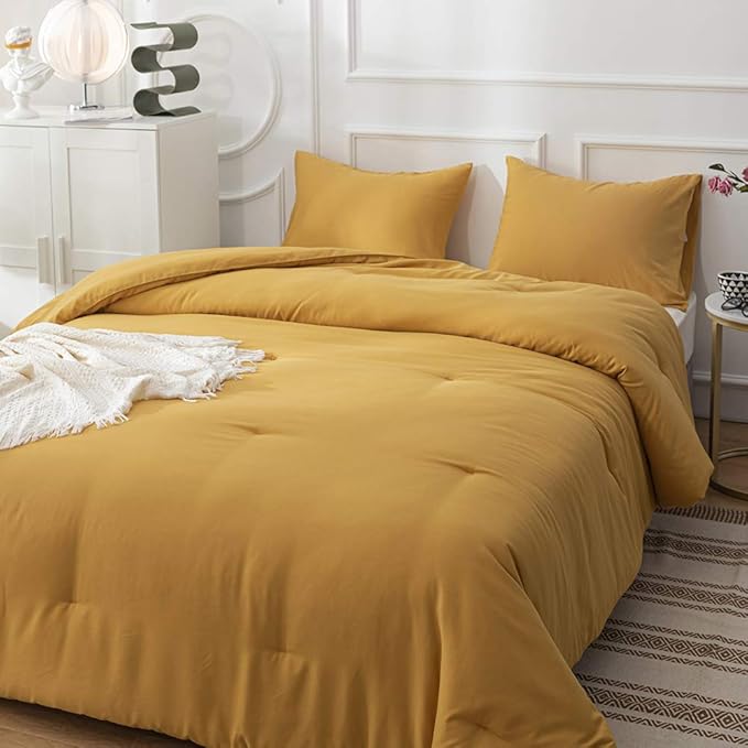 Pureant Mustard Comforter Set Twin Dark Yellow Bedding Comforter Sets Solid Yellow Comforter for Women Girls Soft Turmetric Twin Size Comforter Sets Solid Ginger Blanket Durable