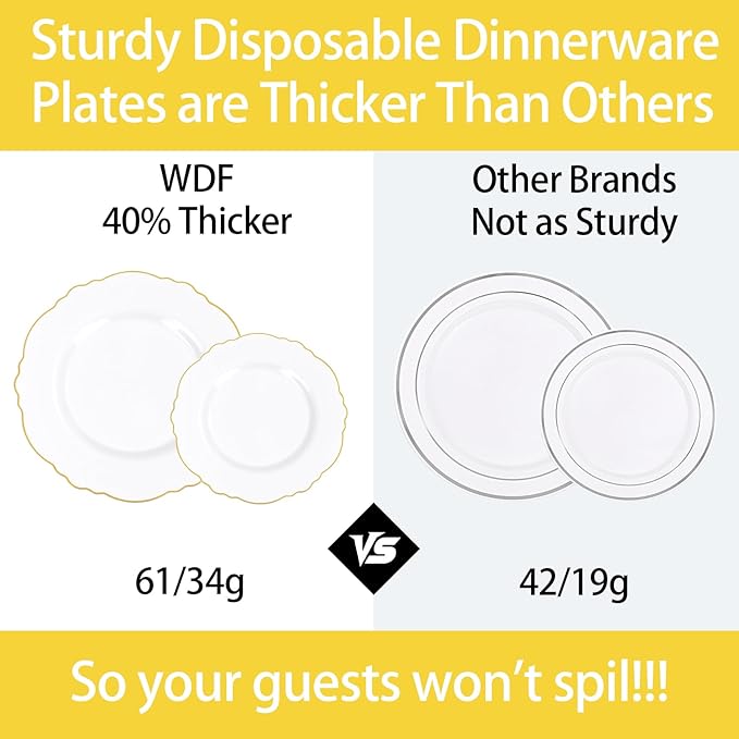 WDF 60pcs White and Gold Plastic Plates - Baroque White With Gold of 30 Heavy Duty Gold dinner plates 10.25inch, 30 Salad Plates 7.5inch Perfect for Weddings/Party/Birthday