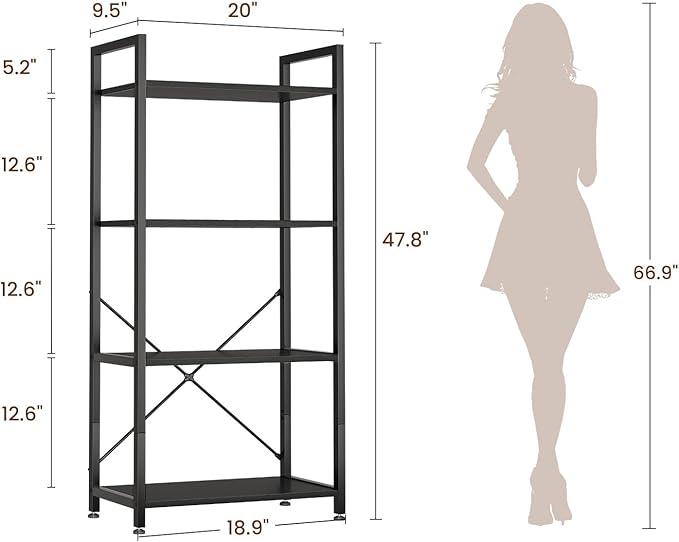 Casaottima Book Shelf, 4 Tier Bookshelf, Modern Wood Bookcase Shelves for Bedroom, Industrial Display Shelf for Living Room Home Office Kitchen, Standing Shelving Unit Storage Organizer, Black