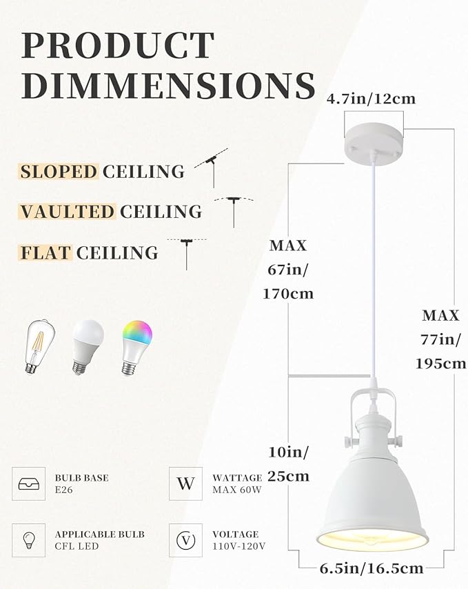 White Pendant Lights Kitchen Island 3 Pack, Vintage Pendant Light, 6.5’’ Farmhouse Pendant Light Fixtures, Adjustable Height, Pendant Lighting for Dining Room, Living Room, Sink, Bar