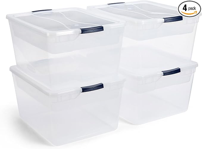 Rubbermaid Cleverstore 74 Qt Clear Storage Bins with Lids and Nesting Tray, 4-Pack, Stackable, BPA-Free, Made in USA