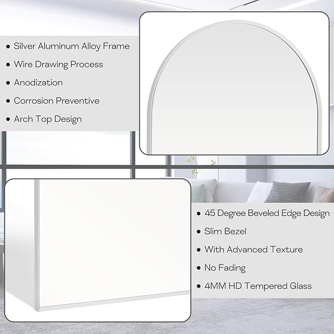 28" x 36" Silver Arched Mirror, Large Arch Bathroom Vanity Mirror, Modern Aluminum Alloy Metal Frame Arch Mirror for Living Room, Bedroom, Entryway, Tempered Glass, Shatter Proof, Anti-Rust