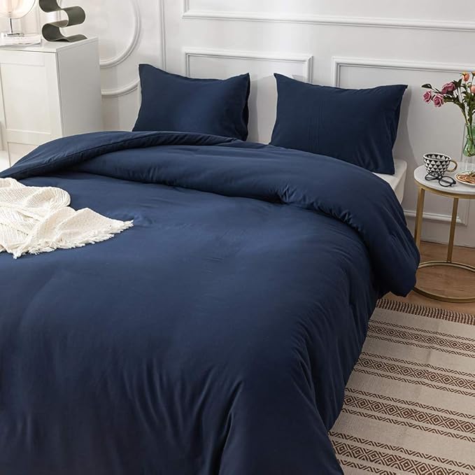 CLOTHKNOW Navy Blue Full Size Comforter Sets 3Pcs Dark Blue Bedding Comforter Sets Women Men Comforter Soft Comforter with 2 x Pillow Cases
