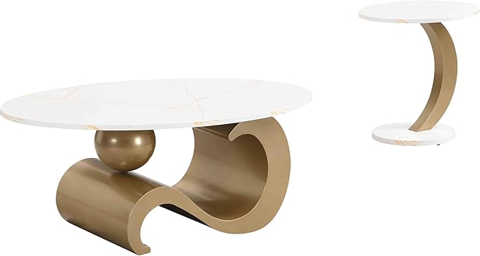 Marble Nesting Coffee Table Set of 2,Modern Oval Center Tea Table and Round Side Nightstand Set w/Faux Marble Top and Metal Frame for Living Room Accent Furniture (Gold)