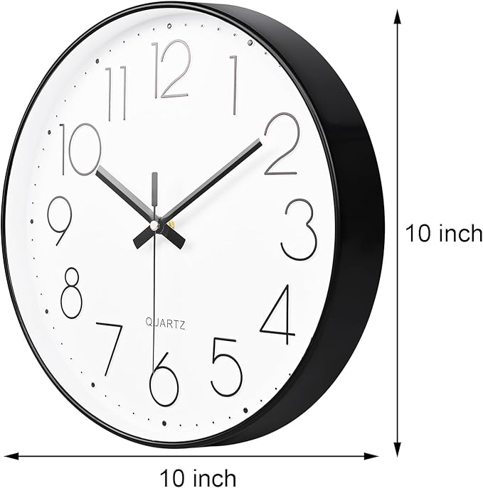 Wall Clock Silent Non-Ticking Modern Round Wall Clocks Battery Operated for Kitchen, School, Office (10 Inch, Black)