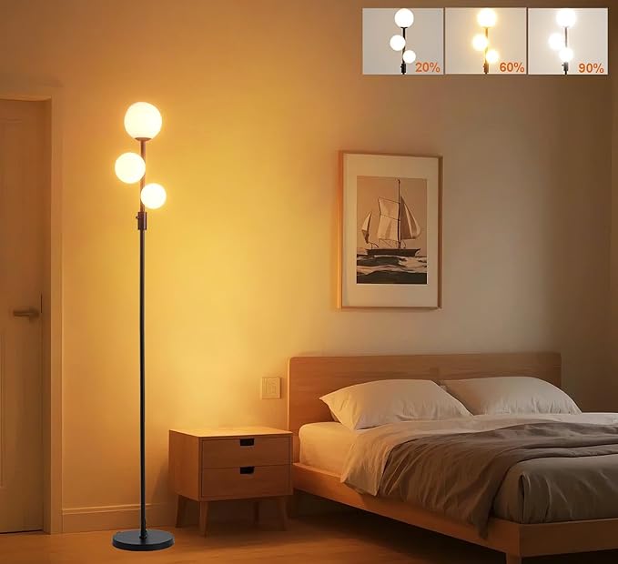 Fiqevs Upgraded Dimmable 3 Globe Mid Century Modern Floor Lamp, 3 x 3000K Warm Light LED Bulbs Included, Matt Black Standing Lamp with Sphere Glass Shade, Vintage Tall Lamp for Living Room, Bedroom