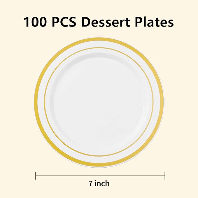 100PCS White Plastic Plates for Party, 7 Inch Heavy Duty Dinner Plates with Gold Rim, Disposable Plates for Wedding and Birthday