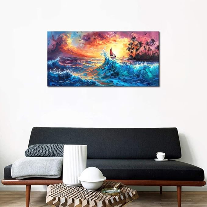 Sailboat Coconut Grove and Blue Waves Under the Sunset Oil Painting Style Wall Art Decor Artwork for Bedroom (30x60 Inches)