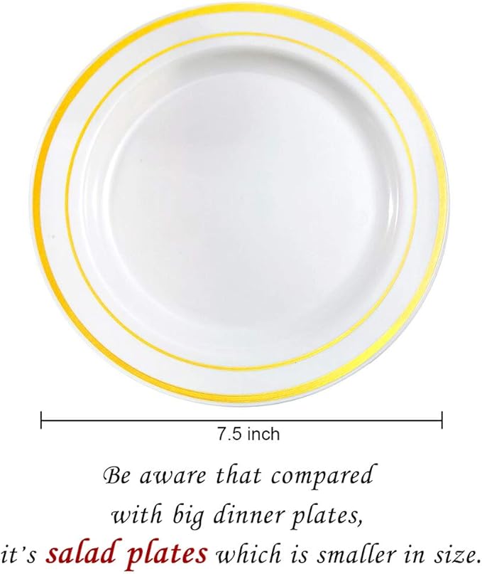 bUCLA 100Pieces Gold Plastic Plates-7.5inch White and Gold Disposable Salad/Dessert Plates - Ideal for Weddings, Party