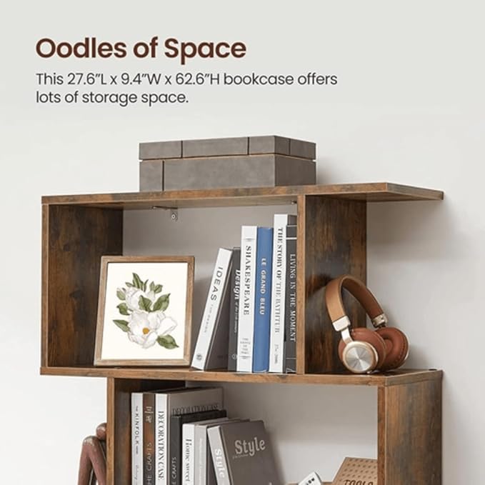 VASAGLE Bookcase, 5-Tier Bookshelf, Display Shelf and Room Divider, Freestanding Decorative Storage Shelving, Rustic Brown ULBC62BX, 27.6”L x 9.4”W x 62.6”H (70 x 24 x 159 cm)