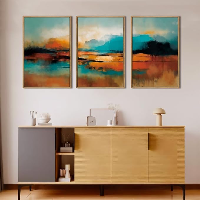 Large Abstract Burnt Orange Framed Canvas Wall Art,Neutral Blue and Black Wall Decor,Modern Brush Stroke Artwork,Minimalist Watercolor Art Print for Living Room,Bedroom,Office- 24"x36"x3