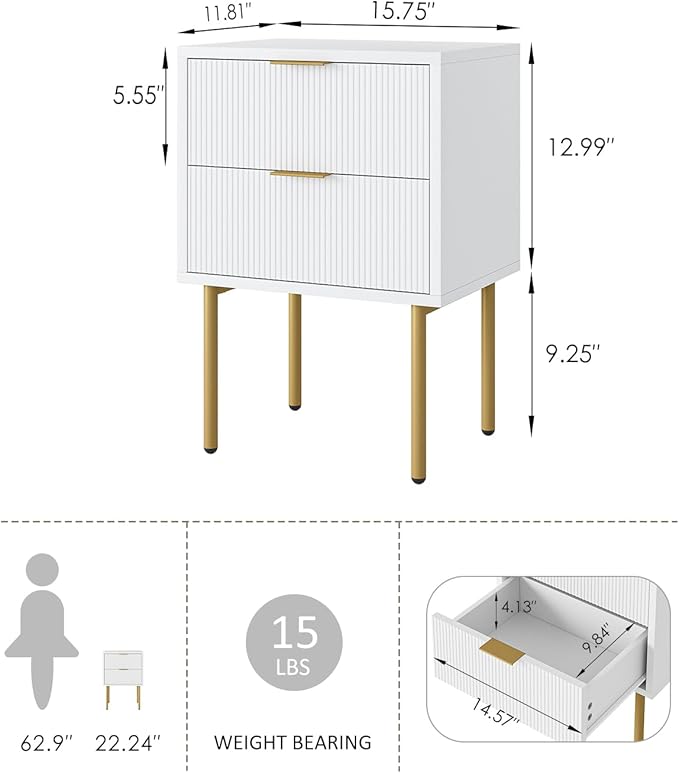 Nightstand,Morden Bedside Table with Gold Frame,Small White Night Stand,End Table,Bedside Furniture,Side Table with Drawer and Shelf for Bedroom,Living Room (2Drawers, White.)