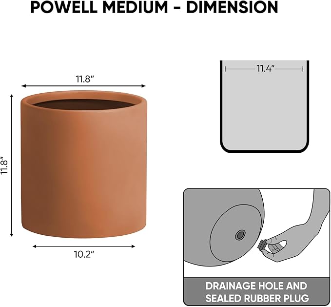 DTY Signature Mount Powell Fiberstone Planter - 12 Inch Medium Terracotta Cylindrical Mid-Century Modern Home Decor Indoor & Outdoor Plant Pot - Durable Planters for Indoor Plants, Outdoor Spaces