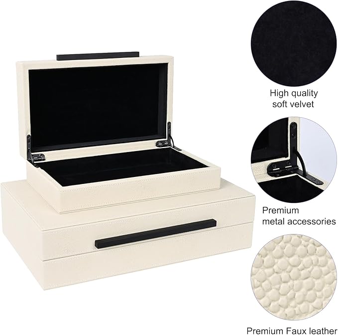 Beige Shagreen Decorative Storage Boxes – Set of 2 Faux Leather Jewelry & Memory Boxes with Black Metal Handles, Nesting Photo Organizers for Home Decor, Gift, and Office Organization