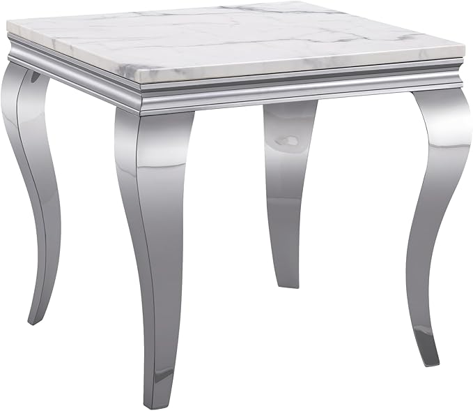 SSLine Modern White Faux Marble End Table Luxury Square Sofa Side Table with Silver Curved Legs Mid-Century Elegant Bedside Table w/Mirrored Stainless Steel Frame for Living Room Bedroom