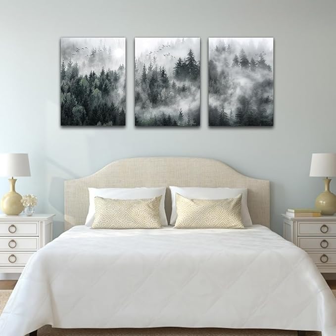 DZRWUBHS 3 Pieces Wall Decor Living Room Canvas Wall Art For Bedroom Office Decoration Foggy Forest Trees Scenery Wall Painting Landscape Wall Pictures Prints Artworks Ready To Hang Room Home Decor