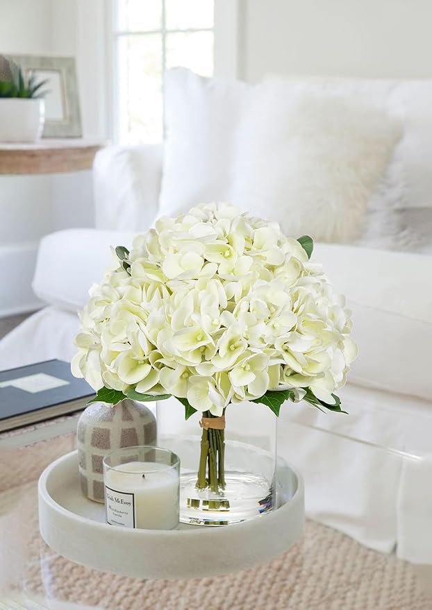 Hollyone Real Touch White Hydrangea Artificial Flowers in Vase Latex Large Faux Hydrangea Flowers Arrangements Hydrangeas Fake Flower with Glass Vase with Faux Water for Table Centerpiece Home Decor