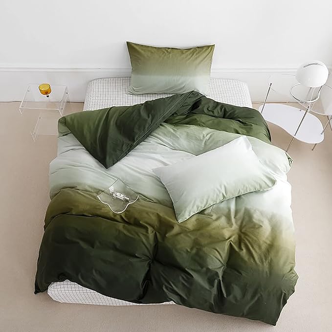 Luxlovery Green White Comforter Set Queen Gradient Color Bedding Comforter Set Dark Green Bedding Set Soft Breathable Blanket Quilts Modern Army Green Color Queen Size Comforter Set