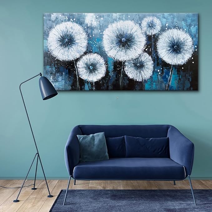 Modern Dandelion Wall Art for Living Room Office Navy Blue White Floral Canvas Painting Prints Large Flower Artwork Kitchen Bedroom Decor (23x46 Inches)