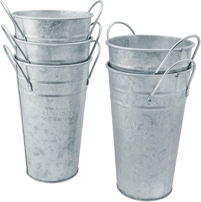5 Packs 7.87 Inch Tall, Galvanized Metal Vases with Handles, Rustic Tall Flower Buckets for Cut Flowers, Country Wedding, Table Centerpiece Decorations, Vintage Style Flower Containers