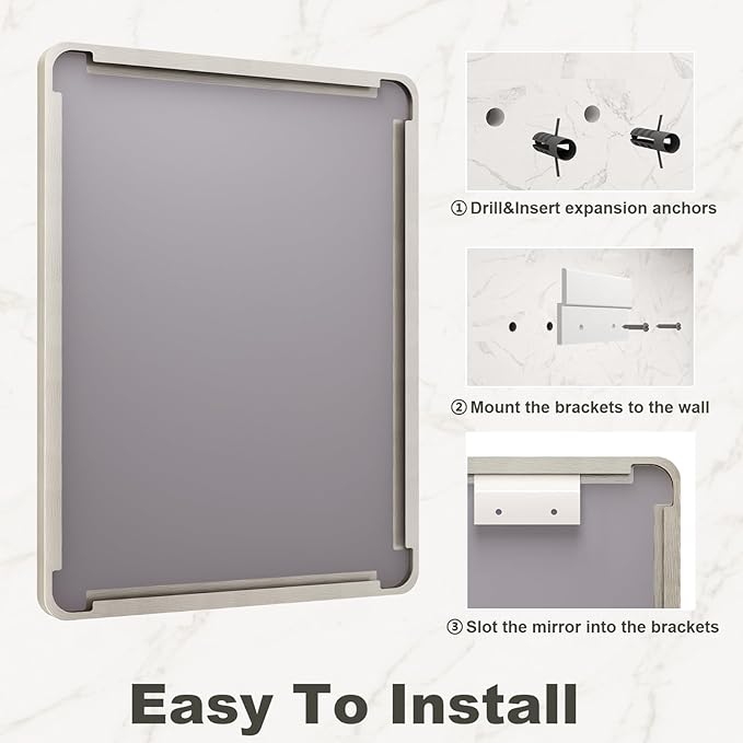 24x36 Inch Brushed Nickel Bathroom Mirror, Brushed Silver Metal Framed Wall Mirror, Rounded Corner Rectangle Vanity Mirror, Tempered Glass, Anti-Rust, Shatterproof (Horizontal/Vertical)