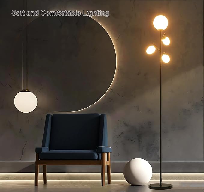 Fiqevs 4 Globe Mid Century Floor Lamp, 4 x 800LM LED Bulbs Included, Torchiere Modern Black Tree Standing Lamp, Contemporary Vintage Tall Lamp for Living Room, Bedroom & Office