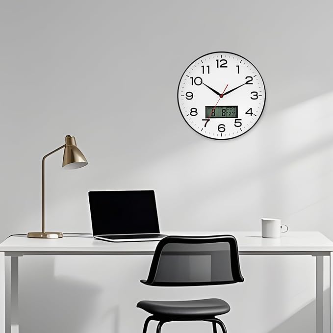 AKCISOT Wall Clock 12 Inch, Non-Ticking Silent Battery Operated Analog with LCD Display for Perpetual Calendar and Temperature, Ideal Modern Decor for Home, Bedroom, Kitchen, Office (Black)