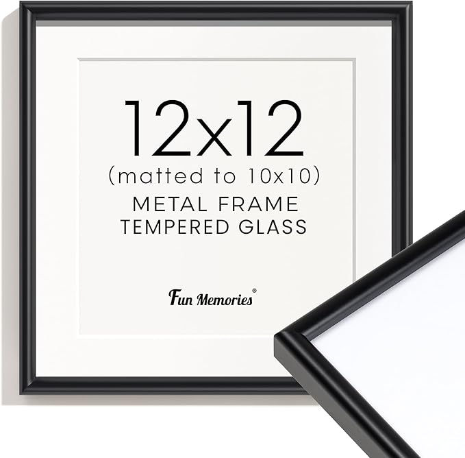 12x12 Black Picture Frame, Metal Photo Frame 12 x 12 for Wall, Square 12 by 12 Frames with Real Glass, 12x12 Frame with Mat for 10x10, Modern Black Picture Frames 12 x 12 for Wall Gallery Set