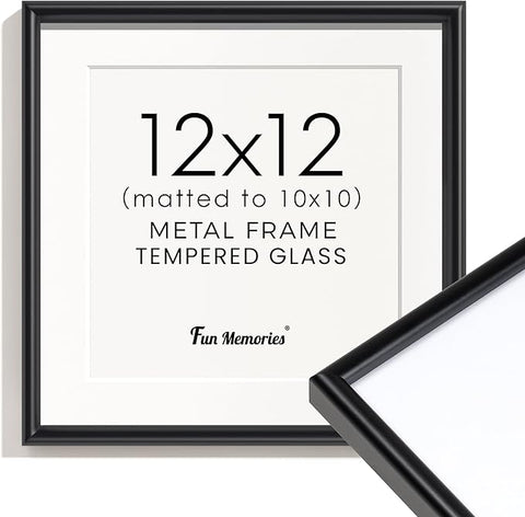 12x12 Black Picture Frame, Metal Photo Frame 12 x 12 for Wall, Square 12 by 12 Frames with Real Glass, 12x12 Frame with Mat for 10x10, Modern Black Picture Frames 12 x 12 for Wall Gallery Set