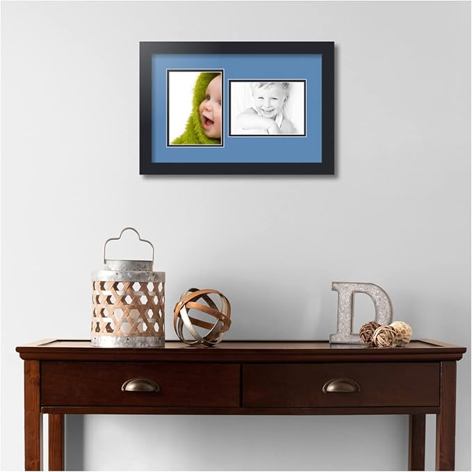 ArtToFrames Collage Photo Frame Double Mat with 2-5x7 inch Openings with Black Frame and Liberty Blue Top Mat