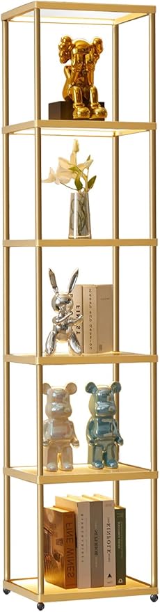 MANBUR Display Shelf with Dimmable LED Floor Lamp, Display Cabinet with Glass Bookcase, Home Decor, Bedroom Decor, Bookshelf with Light, Open Book Shelf with 6-Tier Shelf for Living Room Decor Gold