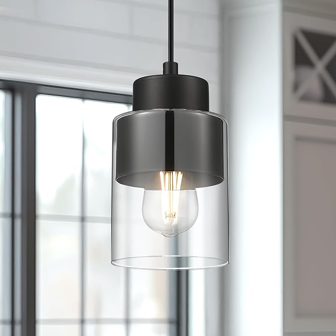 Black Pendant Lights Kitchen Island, Dual Shade Hanging Lights Fixtures with Metal and Clear Glass, Modern Kitchen Pendant Lighting Over Island for Dining Room, AD-24022-1P-BK