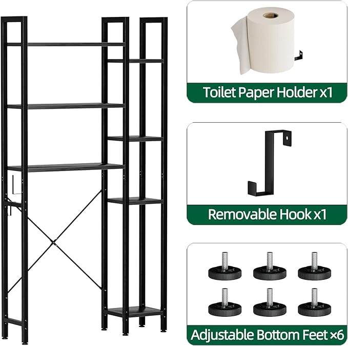OTK Over The Toilet Storage with 7-Tier Bathroom Organizer Shelf, Freestanding Space Saver with Hooks & Adjustable Feet, Storage Rack for Bathroom, Restroom, Laundry, Black