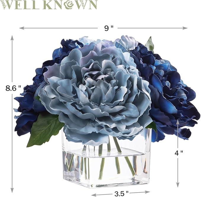 Artificial Peonies Flowers Arrangements in Cube Glass Vase, WELLKNOWN Silk Flower Centerpieces for Dining Room Table, Coffee Table Decor, Faux Peony Flowers with Faux Water (Bicolor Blue)
