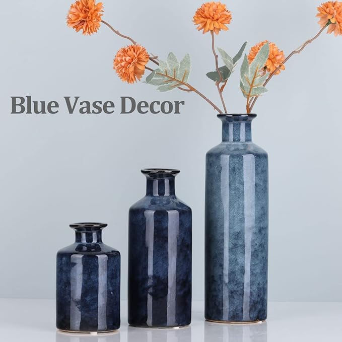 Blue Ceramic Vase Set - 3 Blue Small Vases, Farmhouse Country Flower Vase Home Decor, Living Room Decoration, Table Decoration, Fireplace Decor, and Entrance Decorations Centerpieces