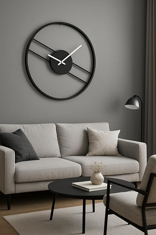 Modern Industrial Wall Clock – Oversized Silent Round Clock – Rustic Metal Wall Art – Minimalist Living Room Decor (White, 20 Inch / 50 cm)