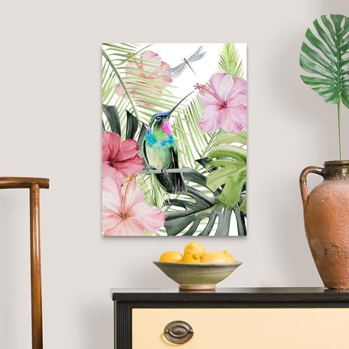 CANVAS ON DEMAND Hibiscus & Hummingbird II Canvas Wall Art Print by Jennifer Paxton Parker, Contemporary, Home Decor, Bird, Wildlife Artwork, 18" x24in