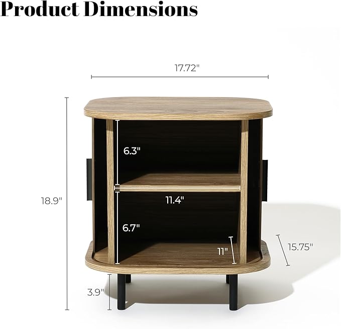 LuxenHome Mid Century Modern Nightstand with Storage, Small Fluted Nightstand with Sliding Door, Boho Bedside Table with Curved Edge, Oak Night Stand, Side Tables Bedroom