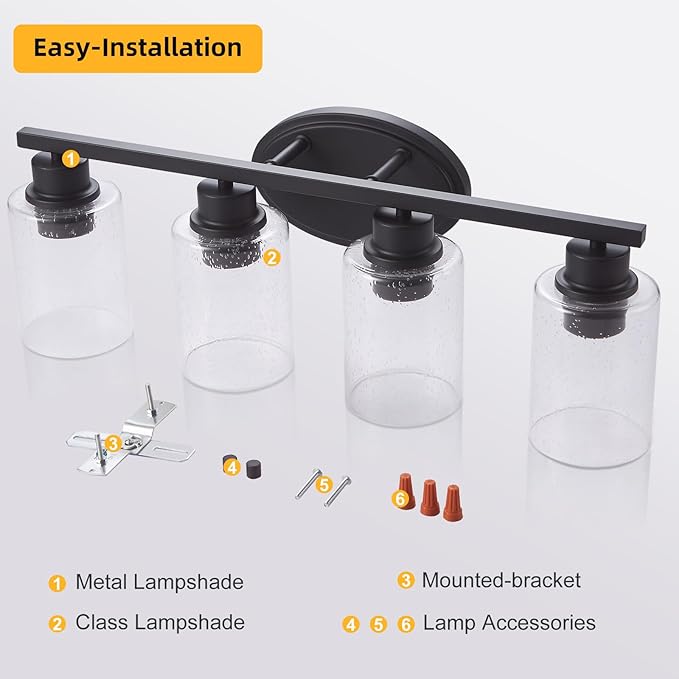 Modern Matte Black Bathroom Vanity Light Fixtures, 4-Light Clear Seeded Glass, Rustproof Wall Mount
